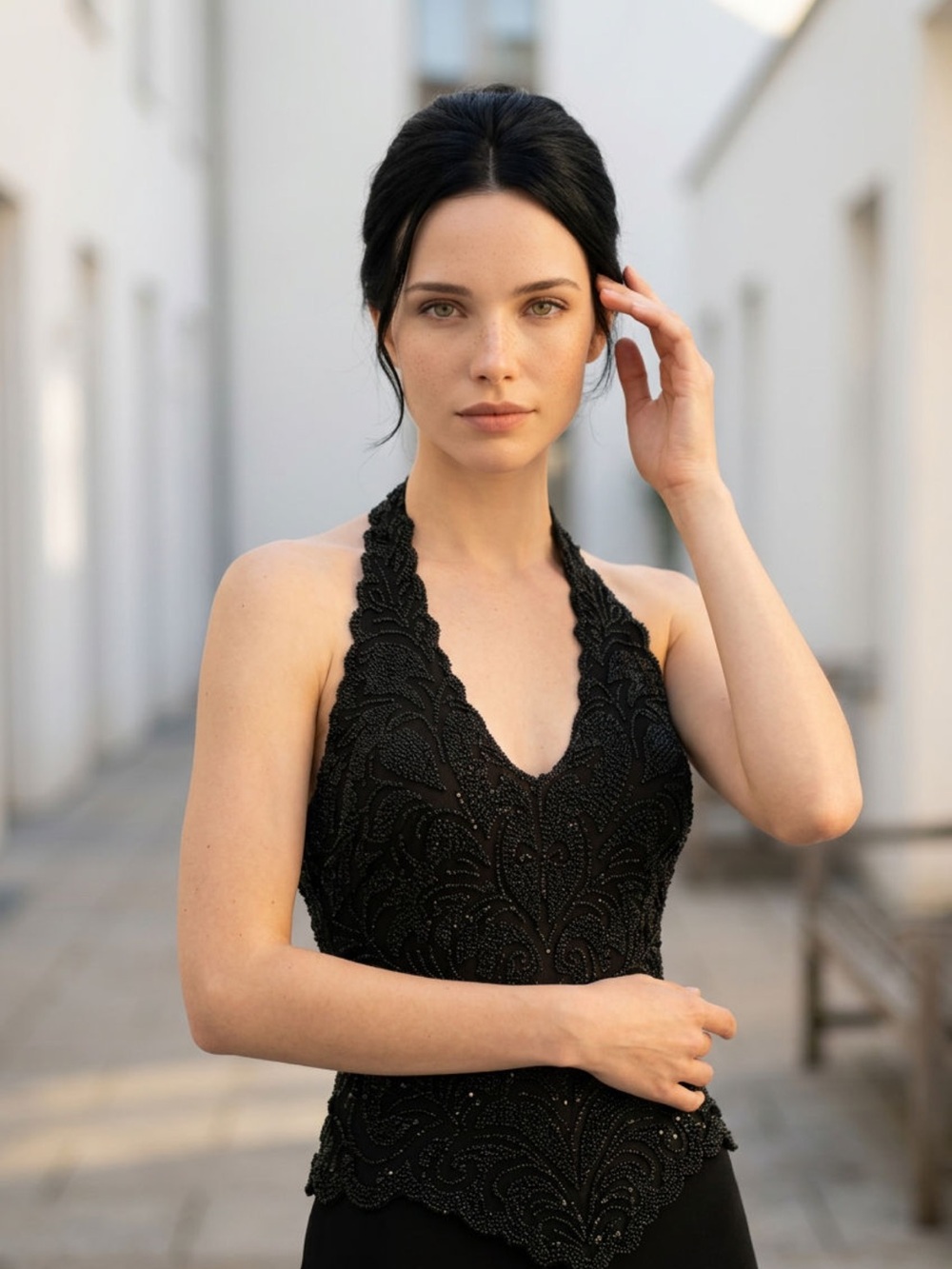 Tadashi Shoji Black Beaded Halter Camisole Top